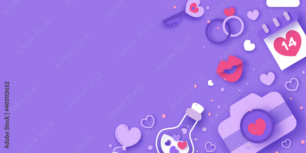 Fototapeta premium Happy Valentine's Day. Valentine day love beautiful. Hearts, Gift, flower, sweets, confetti, envelope on very peri background. Happy holidays. Love14 February paper cut concept