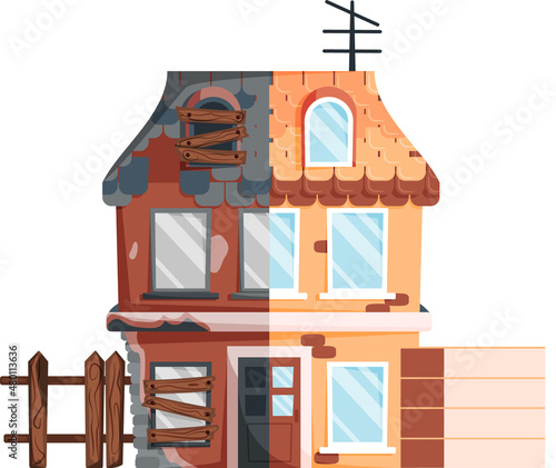 Home renovation, house before and after repair. New and old suburban cottage. Remodel construction. Old run-down house remodeled into cute traditional suburban cottage. Building maintenance service
