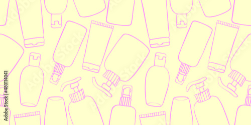 Vector seamless pattern of different outline bottles, tubes, flacons, cosmetic products in doodle style. Texture on theme beauty industry, skin care, hygiene products, toiletries