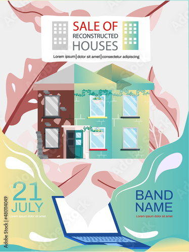 Creative mobile real estate sale web concept. Sale of reconstructed houses advertising announcement banner. Home renovation, building maintenance service, sale of used homes on secondary market