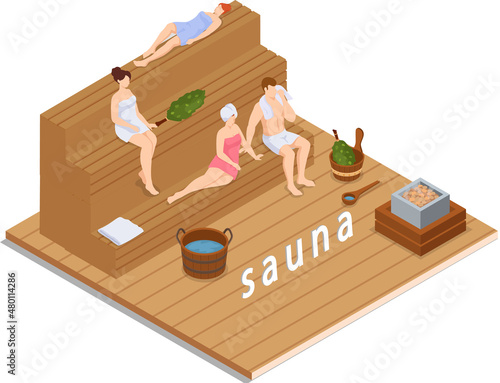 Sauna and steam room. Set of people in sauna. People relax and steam with birch brooms in traditional russian stove for female and male. Finnish bathhouse. Public sauna, Friends in spa resort