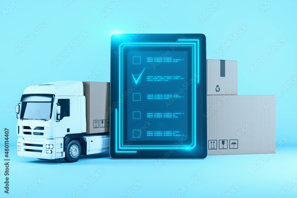 Abstract truck and pad with digital signature. Digital transformation, delivery and innovation concept. 3D Rendering.