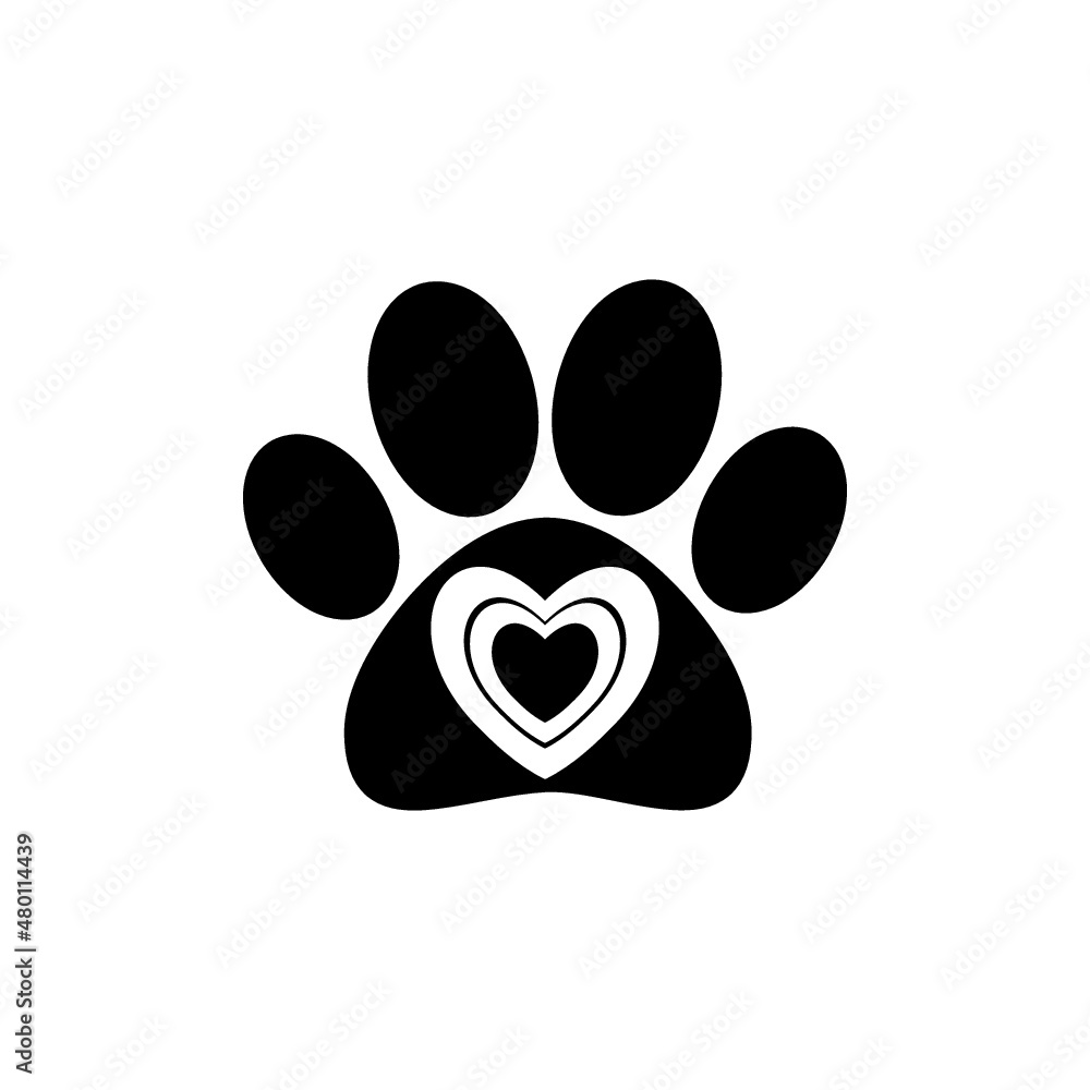 Paw print with heart inside it. Pet care concept icon isolated on white background Paw print with heart inside it. Pet care concept icon isolated on white background