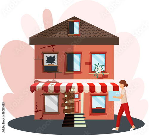 Home renovation, house before and after repair. New and old suburban cottage. Remodel construction. Old run-down house remodeled into cute traditional suburban cottage. Building maintenance service