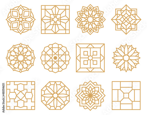 Abstract oriental muslim arabic golden framed emblems. Traditional ornamental arabic luxury frames vector illustration set. Oriental style gold outline rosettes