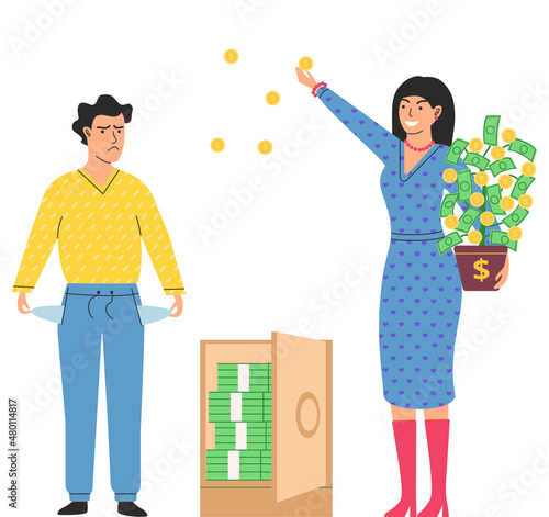 Richness and poverty concept. Rich happy woman scatter money, poor man shows empty pockets. Financial success concept with cartoon unemployed person and wealthy millionaire. Financial superiority