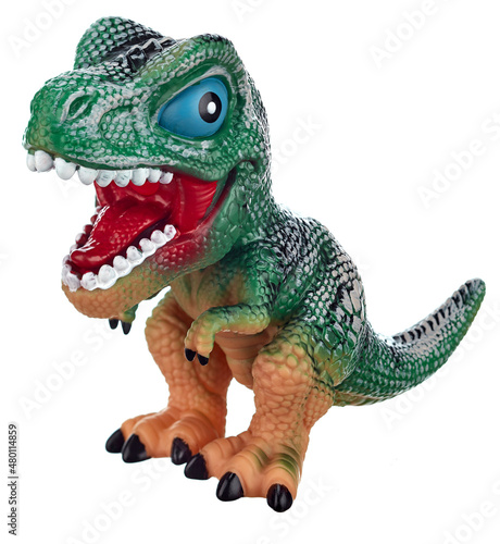 Close up toy dinosaur with an open mouth full of predatory fangs stands on its hind legs, isolated on a white background. © KPad