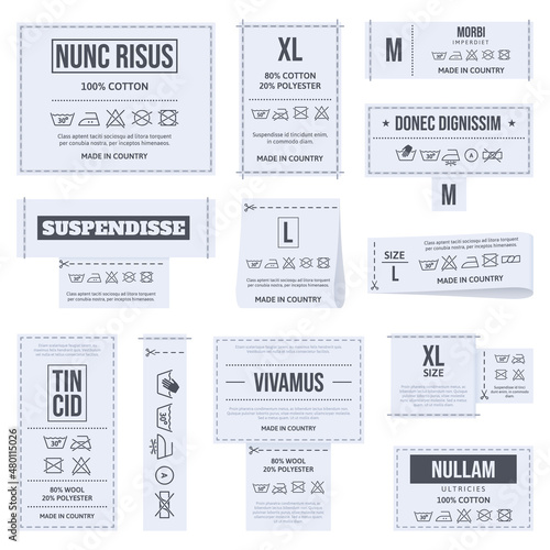 Laundry clothes care labels, textile care instruction symbols. Clothes care instructions tags, textile laundry instruction labels vector illustration set. Textile care labels