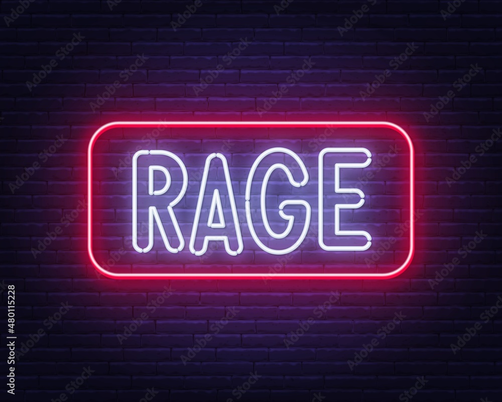 Neon sign Rage on brick wall background.