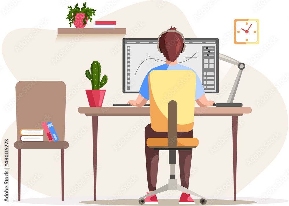 Graphic designer creating his artwork using computer software and ...