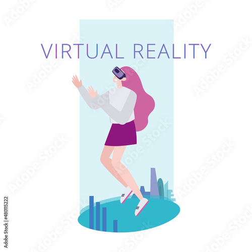 Woman flies in virtual reality, metaverse