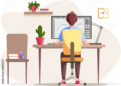 Graphic designer creating his artwork using computer software and lising music. Digital artist, illustrator, graphic design professional at workplace. Print studio workers. Freelance, work from home