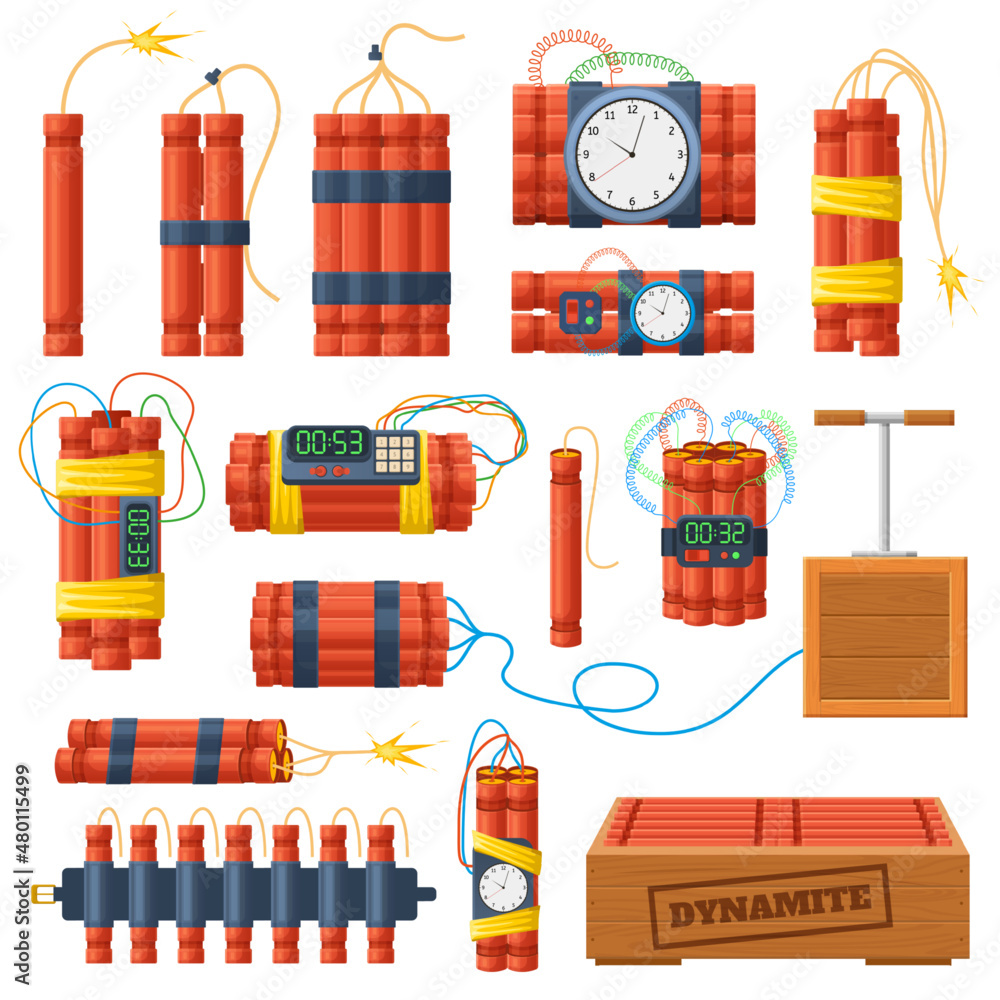 Dynamite sticks explosive bombs with timer clock detonator