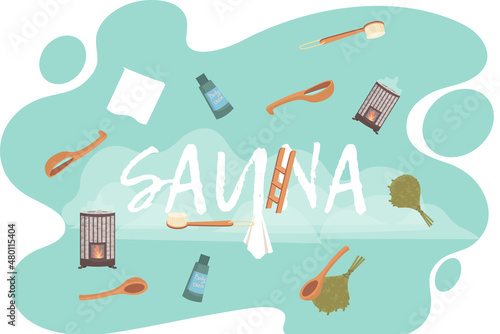 Sauna or SPA center banner template with bathhouse tools bucket, bath broom, soap, towels, thermometer, slippers. Cartoon vector for advertising. Accessories for relaxation in steam banya or hot sauna