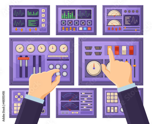 Retro control dashboard panel with operator hands, console connection ports. Hands work with control panel elements vector illustration. Spacecraft dashboard panel