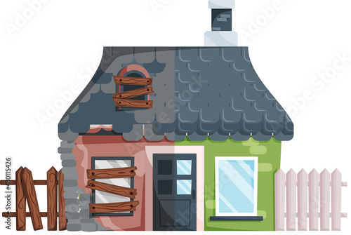 Home renovation, house before and after repair. New and old suburban cottage. Remodel construction. Old run-down house remodeled into cute traditional suburban cottage. Building maintenance service
