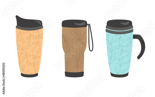 Thermocup is a reusable set with a plant print for the concept of zero waste. For hot drinks, coffee, tea, cocoa. Vector illustration in cartoon style.