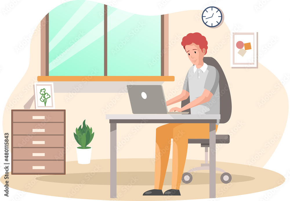 Man, working person sitting in room and correspondence surfing Internet. Male character communicating through network on laptop. Freelance, work from home and home office concept. Working people Man, working person sitting in room and correspondence surfing Internet. Male character communicating through network on laptop. Freelance, work from home and home office concept. Working people