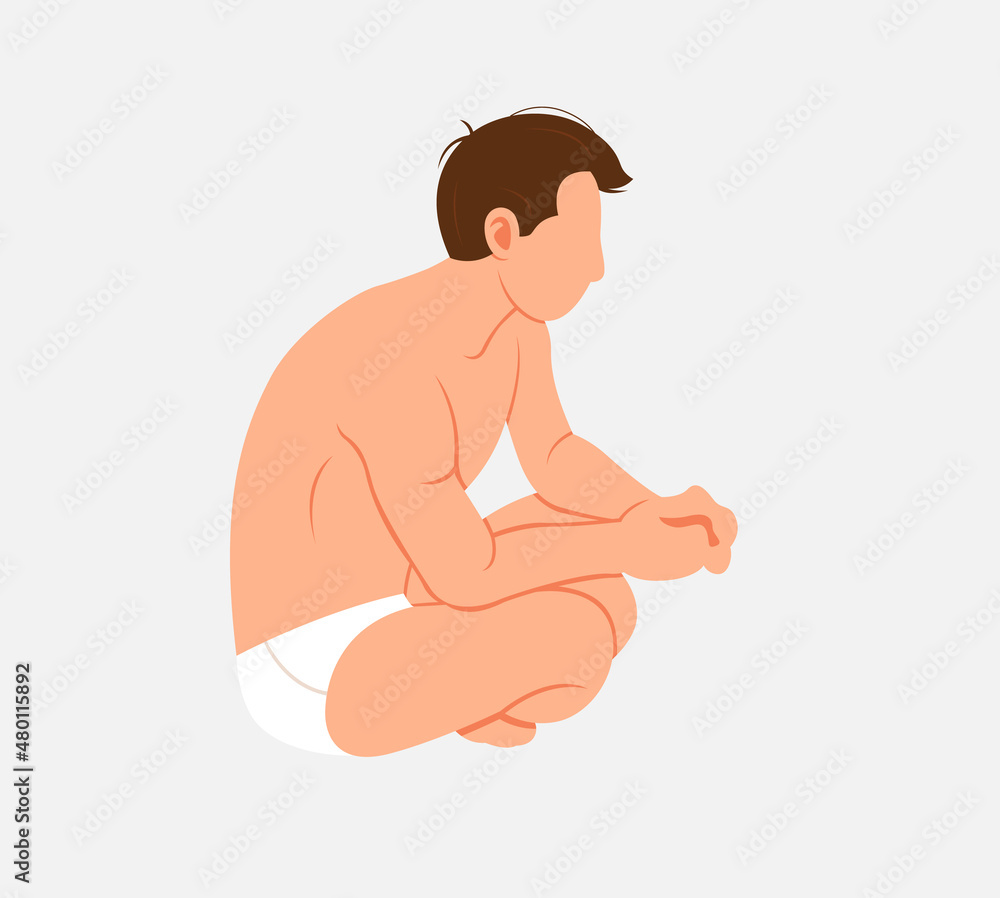 Naked man sitting isolated on white. Flat illustration in cartoon style with young male character sitting cross legged, meditaing and relaxing. Cute sporty dark-haired guy in sauna or bathroom Naked man sitting isolated on white. Flat illustration in cartoon style with young male character sitting cross legged, meditaing and relaxing. Cute sporty dark-haired guy in sauna or bathroom