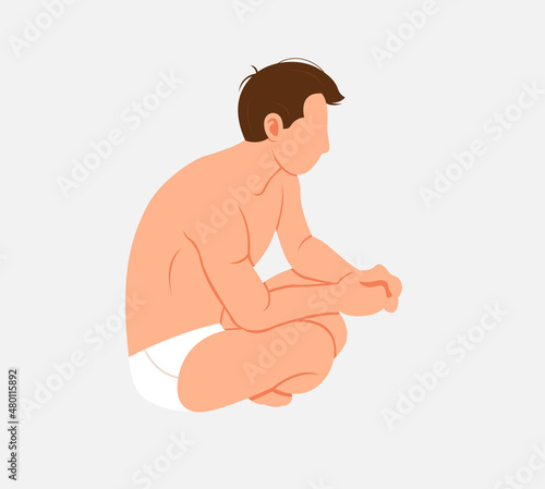 Naked man sitting isolated on white. Flat illustration in cartoon style with young male character sitting cross legged, meditaing and relaxing. Cute sporty dark-haired guy in sauna or bathroom