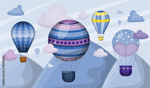 Big set of hot air balloons with clouds. Flat illustration of flying vehicles. Romantic balloons. Sky with tourist balloons for flight. Cartoon style