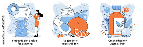 Organic healthy vitamin drink, vegan detox food, smoothie diet cocktail for slimming. Vegetarianism and dieting concept banner set, mobile app templates. Healthy lifestyle proper nutrition health care