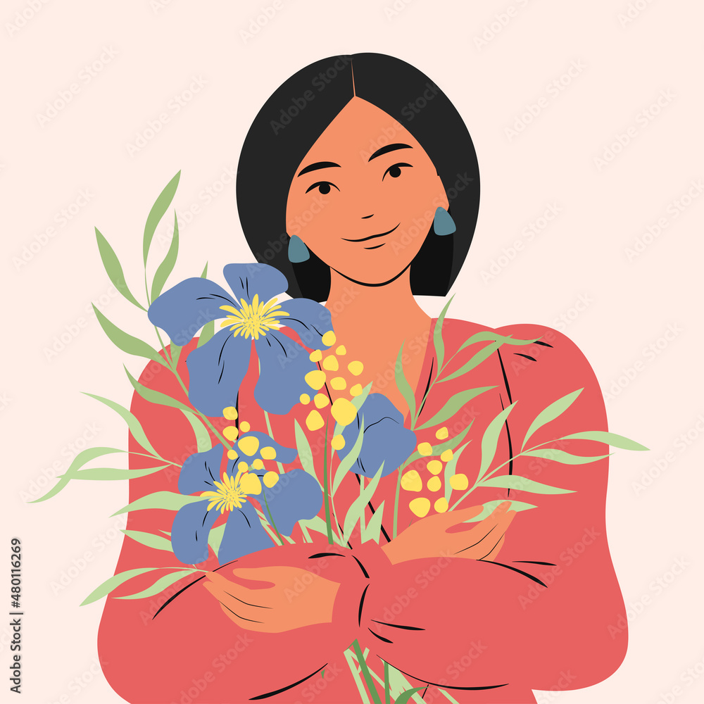 Portrait of a happy Asian woman with flowers. Stylish modern girl with dark hair  in fashion outfit. Flat vector illustration