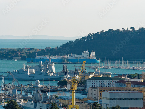 LNG carriers and military ship in the gulf of la spezia