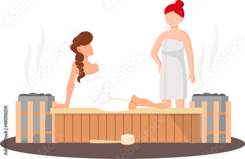 Woman wearing bath towel sits on wooden bench at hot steam sauna. Relaxing and wellness in finnish, russian bath or spa center. Warm therapy female hot steam in sauna bathing character in bathhouse