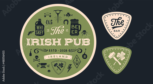 Irish Pub, Coaster. Circle coaster, text Irish Pub, Beer, Whiskey. Vintage drawing for bar, pub, beer and whiskey themes. Circle coaster for placing a beer mug or whiskey glass. Vector Illustration