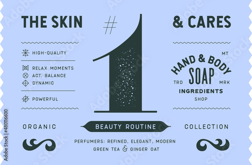 Soap, tag label. Modern tag, label for brand, logo, sticker soap shop. Template design minimal label, tag with text skin and cares, soap. Typographic tag, modern font. Vector Illustration