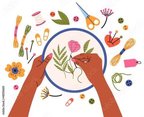 Hands embroider, handmade creative needlework hobby. Female hands with needle and thread embroider floral motif vector illustration. Embroidery workshop process