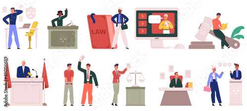 Lawyers characters, justice and law firm workers scenes. Advocate service, support and consulting, attorneys workflow vector illustration set. Law and justice workers