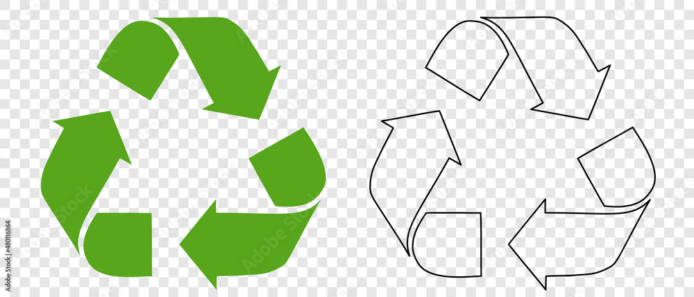 The Universal Recycling Symbol, an international symbol used on packaging to remind people to throw it in the bin. Icon isolated on transparent background, children's coloring template with contour li - obrazy, fototapety, plakaty 