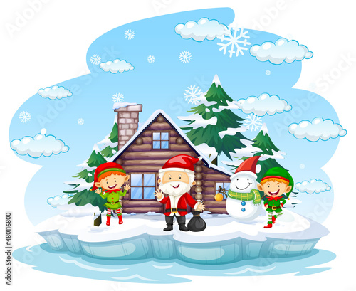 Snowy day with Santa Claus and snowman