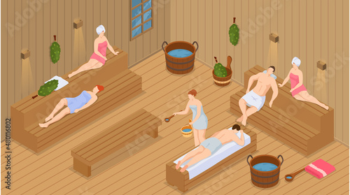 Sauna and steam room. Set of people in sauna. People relax and steam with birch brooms in traditional russian stove for female and male. Finnish bathhouse. Public sauna, Friends in spa resort