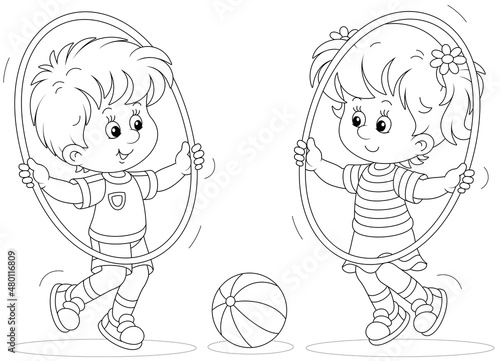 Cheerful cute little kids playing and fun spinning hoops in a gymnastic lesson, black and white outline vector cartoon illustration for a coloring book page