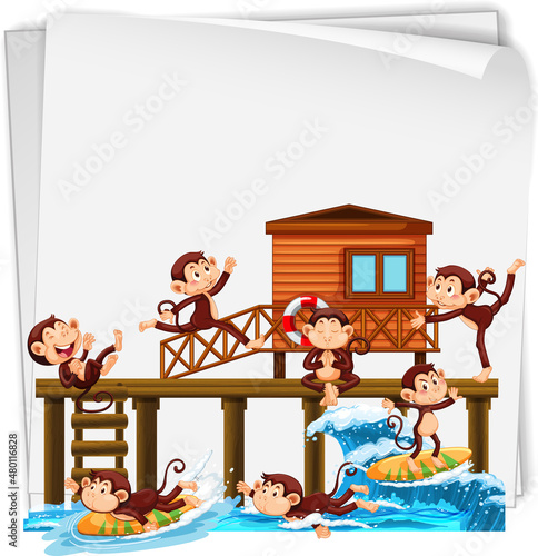 Wooden pier with many monkeys doing different activities