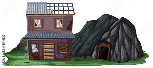 An abandoned house with a rock cave on white background