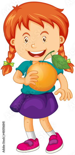 A girl holding an orange fruit cartoon character isolated on white background