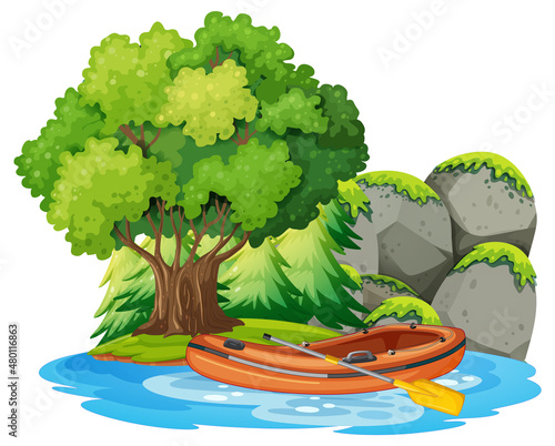 Isolated island landscape with inflatable boat