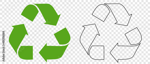 The Universal Recycling Symbol, an international symbol used on packaging to remind people to throw it in the bin. Icon isolated on transparent background, children's coloring template with contour li photo