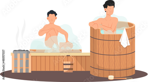 Man in white towel rest on wooden bench at hot steam sauna. Relaxing and wellness in finnish, russian bath or spa center. Heat therapy, relaxation and health care. Bathing character wellness procedure