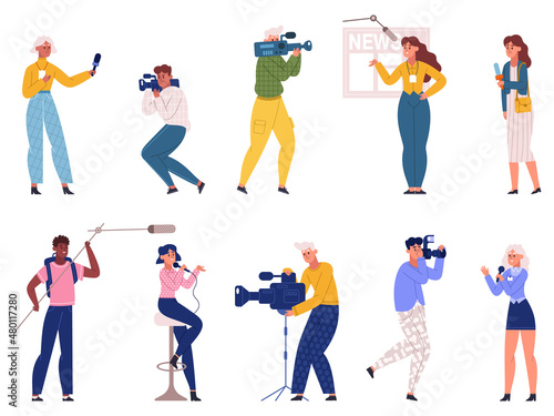 Journalists characters, reporters, videographers and news presenter scenes. TV reporters, bloggers and newsmakers team vector illustration set. Cameramen and journalists photo