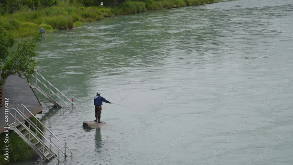 Fisherman on top of a rock Catching fish on river surrounded by lush vegetation, Alaska Fisherman on top of a rock Catching fish on river surrounded by lush vegetation, Alaska