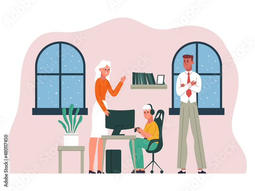 Kid video game addiction, angry parents shouting at young gamer. Video game addiction fam quarrel, disgruntled parents and teenage gamer vector illustration. Game addiction