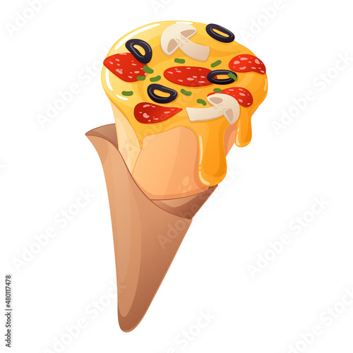 Pizza cone with pepperoni sausages, mushrooms and cheese in craft packaging. Vector illustration isolated on white background. For advertising and your design.