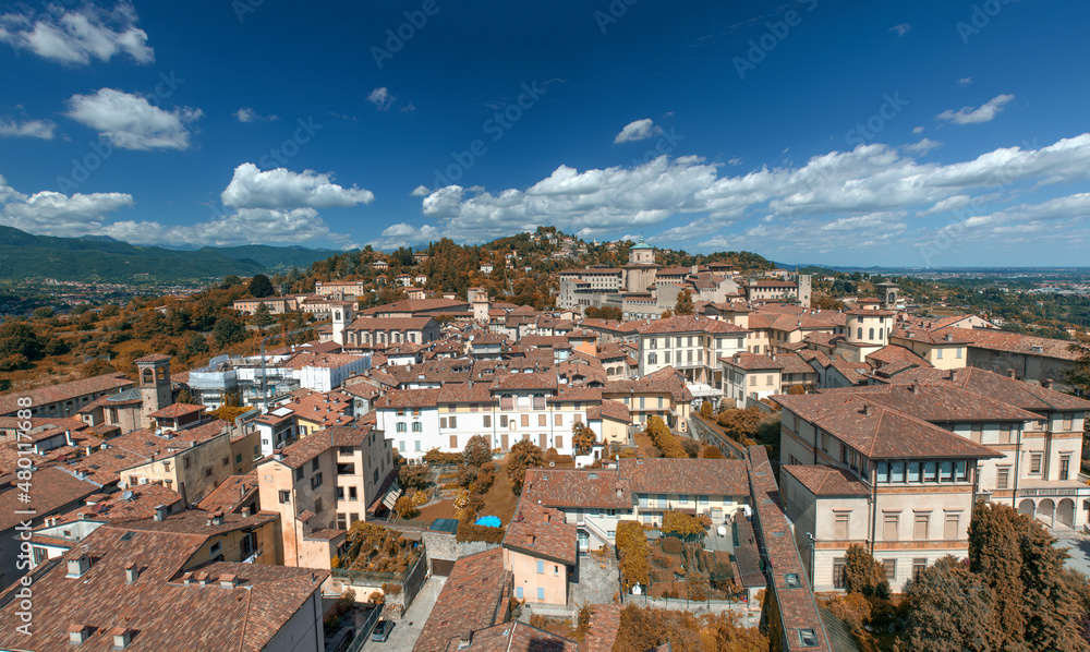 Panoramic aerial view of Bergamo Alta from city bell tower on a autumn day, Italy