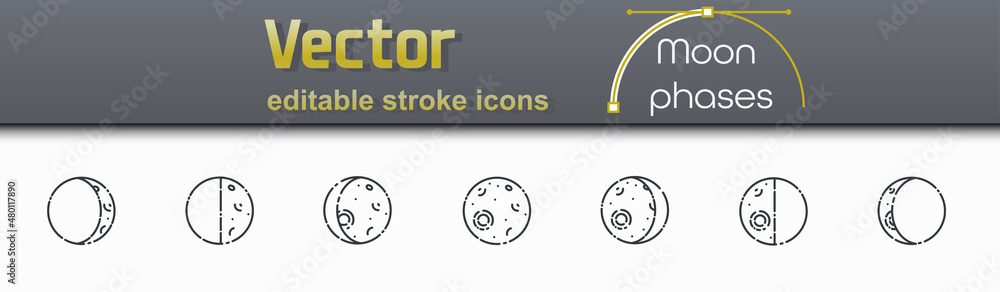 Vector editable stroke set of moon phases line icons Vector editable stroke set of moon phases line icons