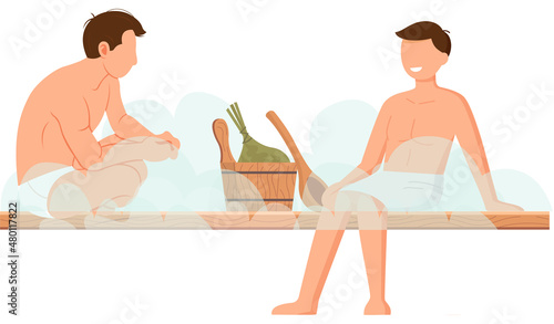 Man in white towel rest on wooden bench at hot steam sauna. Relaxing and wellness in finnish, russian bath or spa center. Heat therapy, relaxation and health care. Bathing character wellness procedure